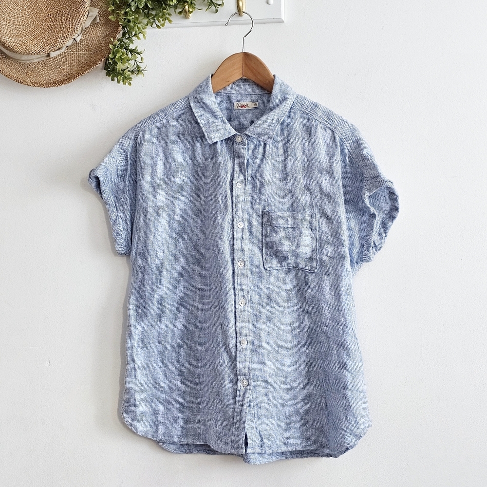 🌿 Faherty 100% Linen Button Front Shirt Blue Textured Short Sleeve Top S